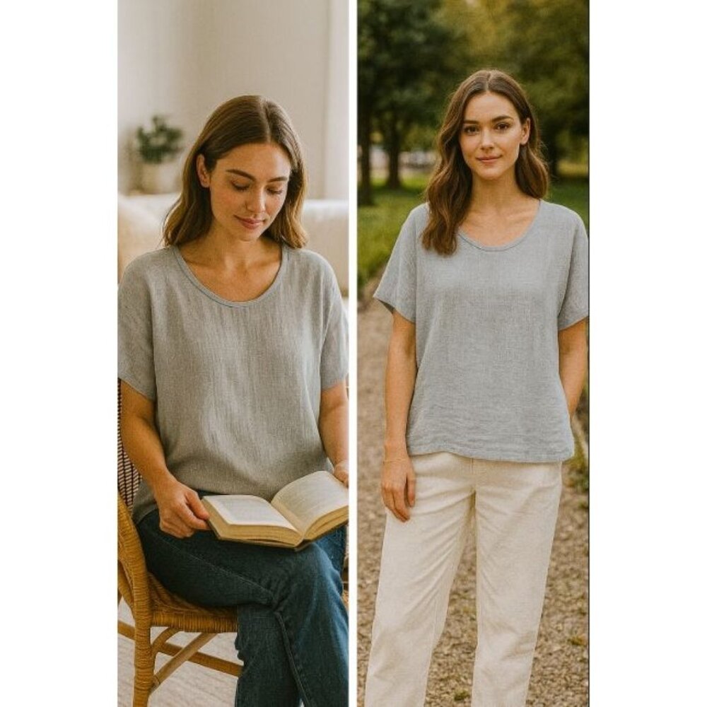 Flax Women's Light Gray Linen Top Large  Minimalist Lagon look Coastal Style